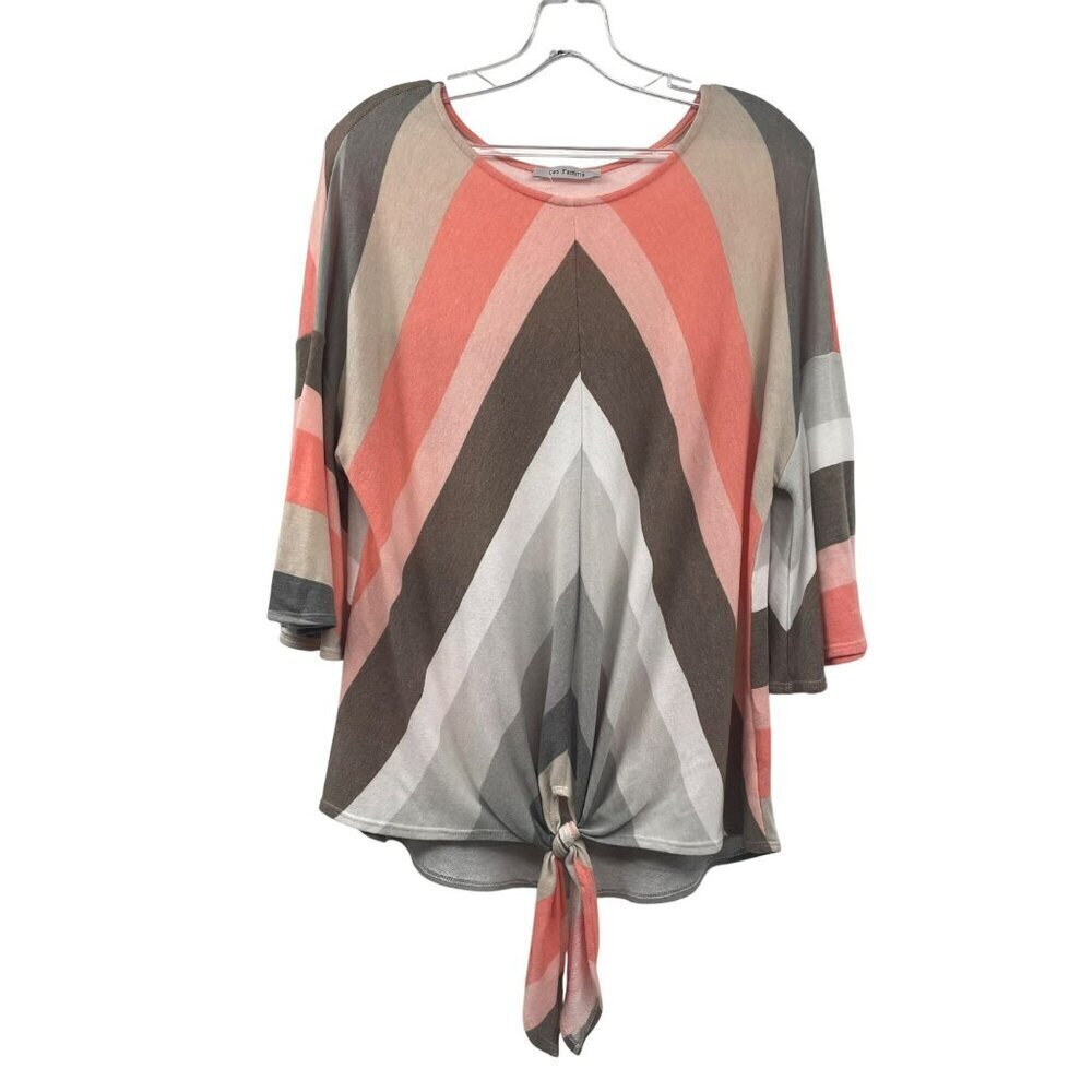 Ces Femme Chevron Print Top 3/4 Sleeve Tie Hem Multicolor Size Medium